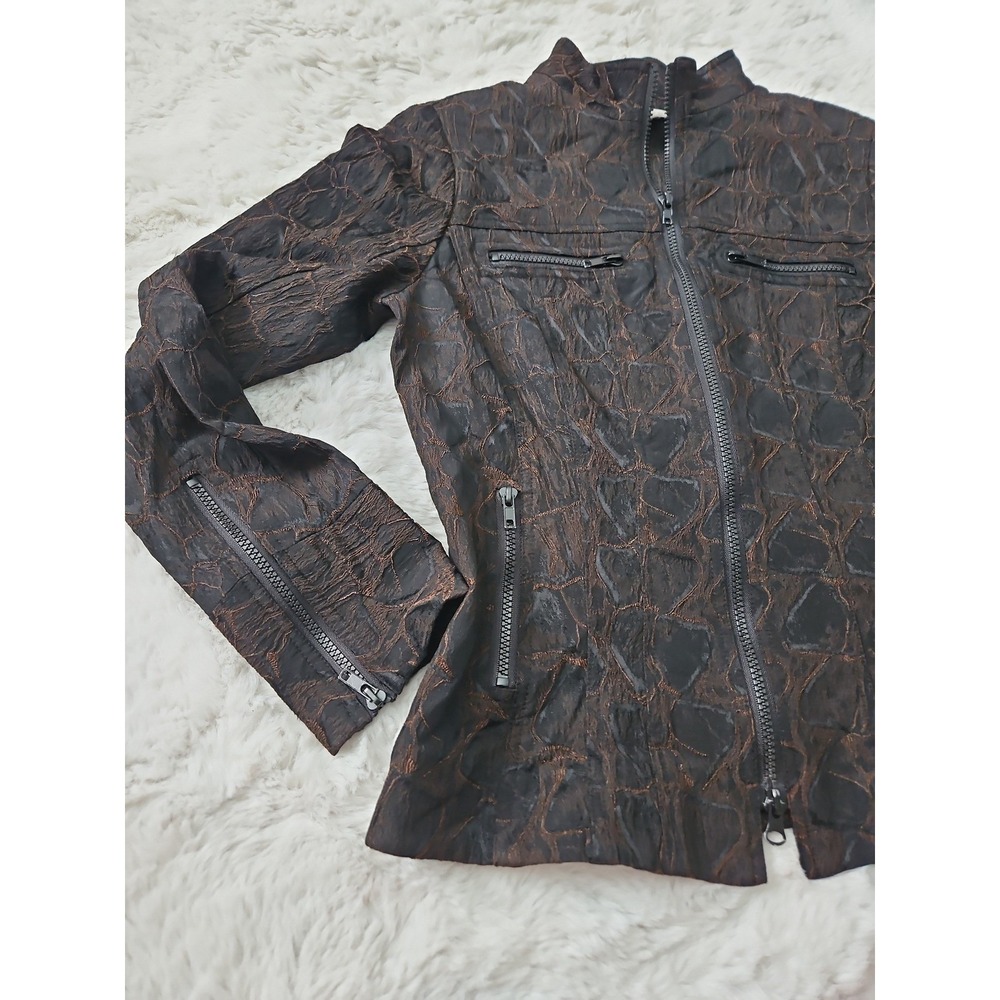 Caché Luxe Textured Zip Up Jacket M Brown Black Whimsigoth Brocade Retro